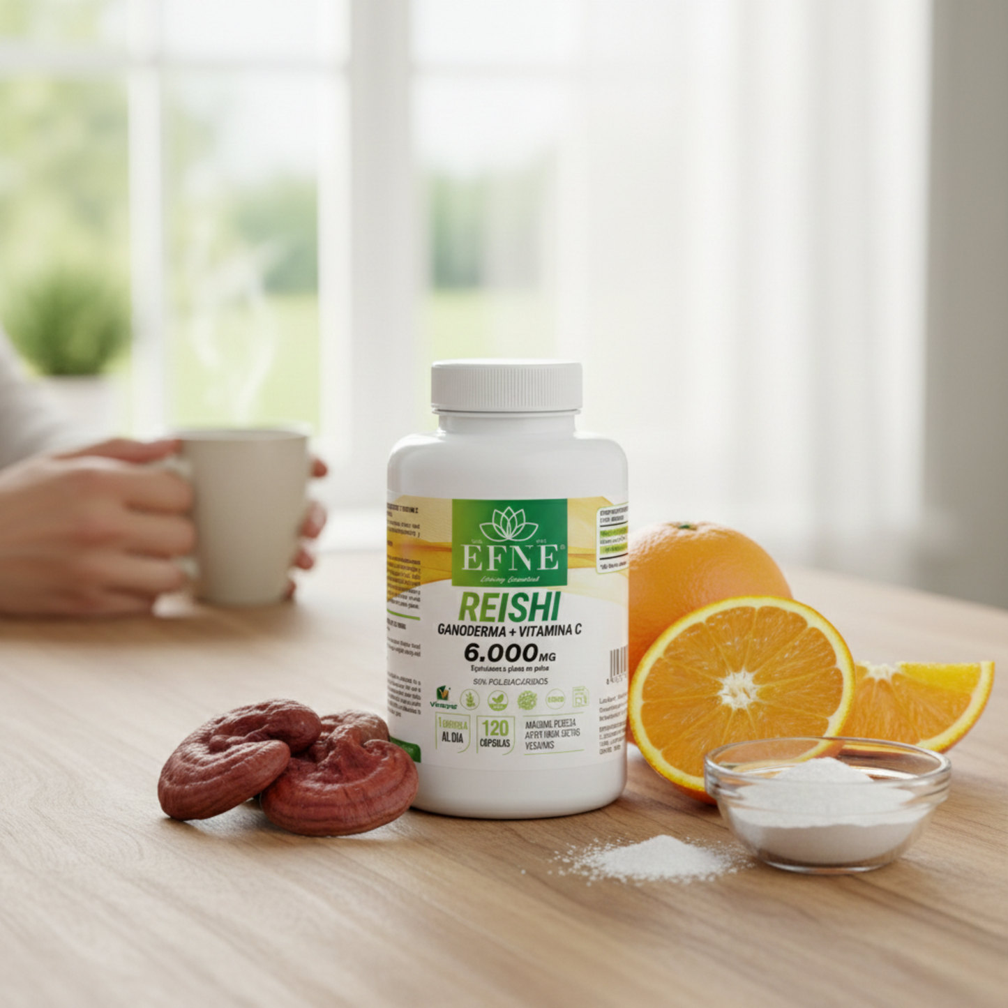 Bote de suplemento Reishi Ganoderma 6000mg con Vitamina C de EFNE, 120 cápsulas para reforzar la inmunidad.