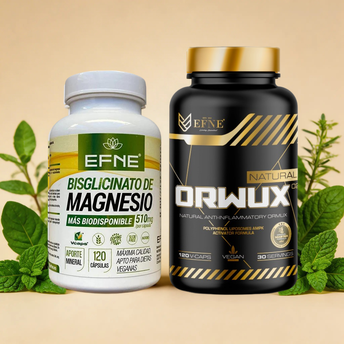 Kit contra la Vida Moderna de EFNE: Pack de suplementos naturales que incluye Orwux, antiinflamatorio liposomal con activador AMPK, y Bisglicinato de Magnesio de 510mg con Vitamina B6 de alta biodisponibilidad. Productos veganos en cápsulas V-Caps, sin azúcar y No GMO para el descanso y la salud metabólica