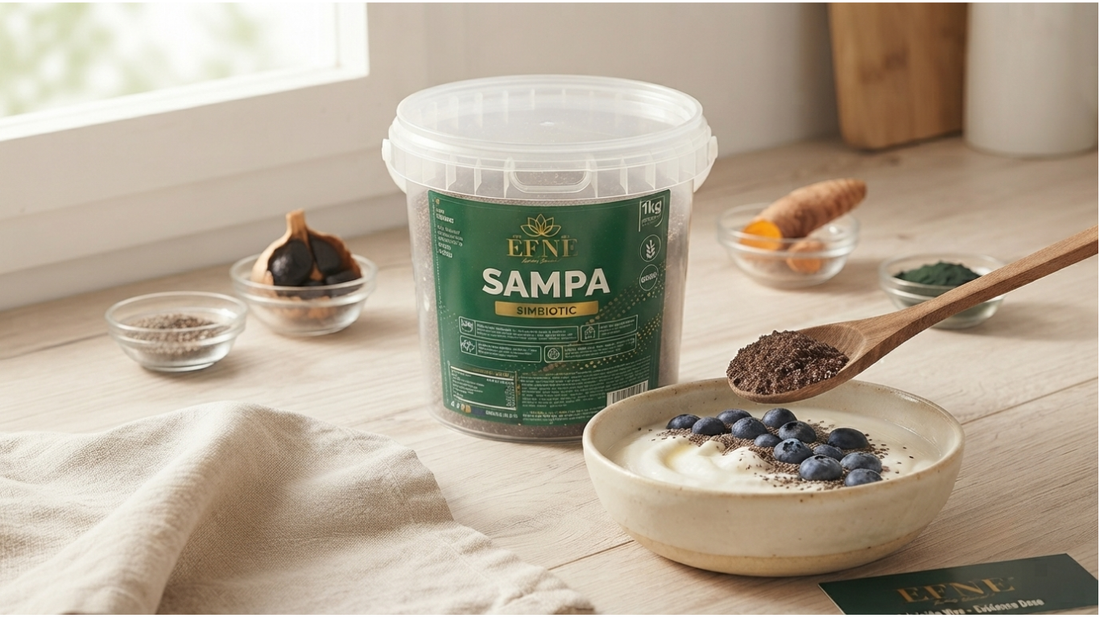 Bote de 1kg de Simbiotic Sampa EFNE LIVING ESSENTIAL sobre encimera de madera en ambiente de cocina natural. Cuchara de madera añade mezcla Sampa a un bol de yogur con arándanos, rodeado de ingredientes como ajo negro y cúrcuma
