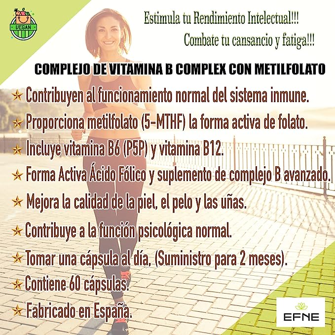 COMPLEJO DE VITAMINA B COMPLEX CON METILFOLATO. Forma Activa Ácido Fólico. (Deficiencias por veganismo, Agotamiento)