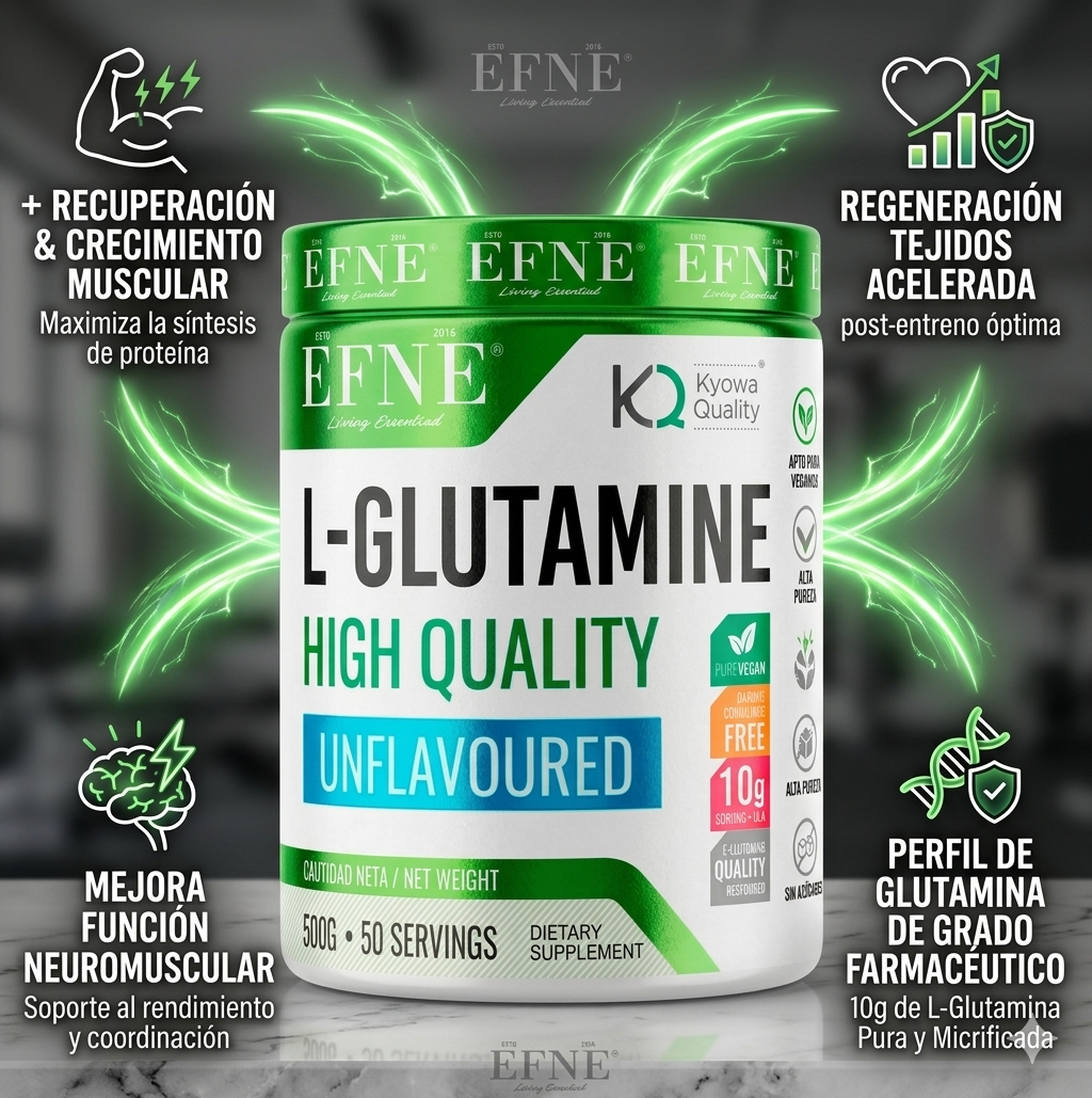 Infografía L-Glutamina EFNE Kyowa Quality: beneficios para la recuperación muscular, regeneración de tejidos y salud intestinal con grado farmacéutico.