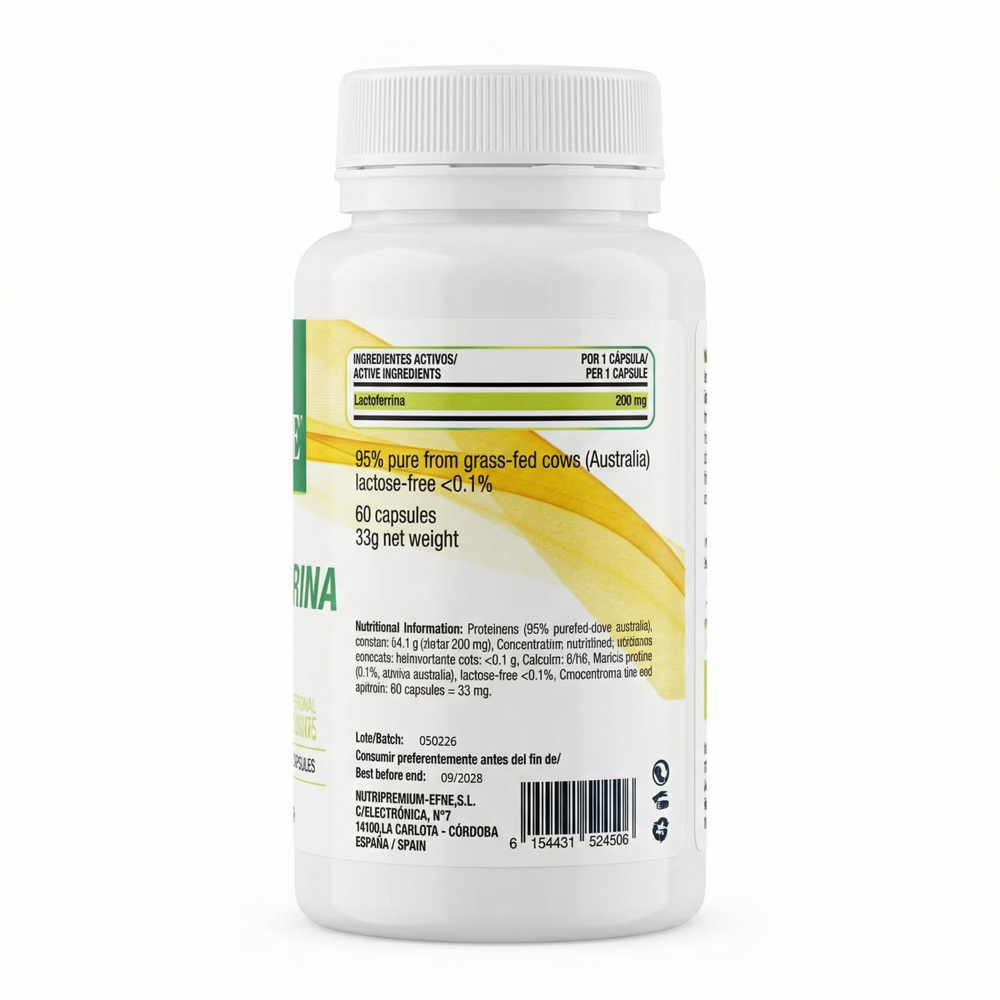 Cápsulas de Lactoferrina pura de alta biodisponibilidad EFNE, fórmula magistral para la absorción de hierro y salud intestinal.