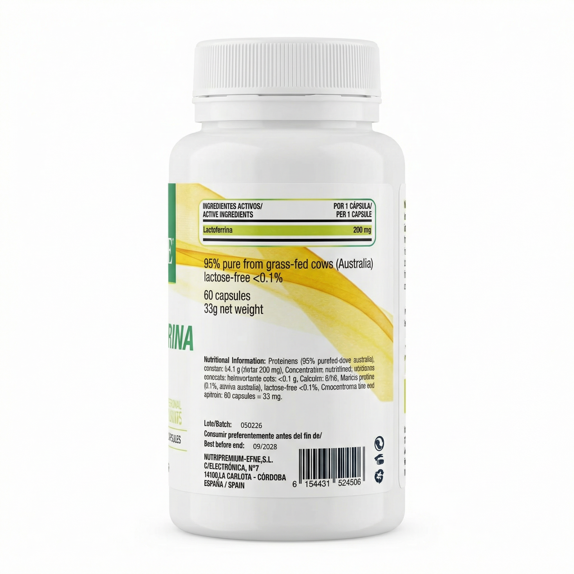 Cápsulas de Lactoferrina pura de alta biodisponibilidad EFNE, fórmula magistral para la absorción de hierro y salud intestinal.
