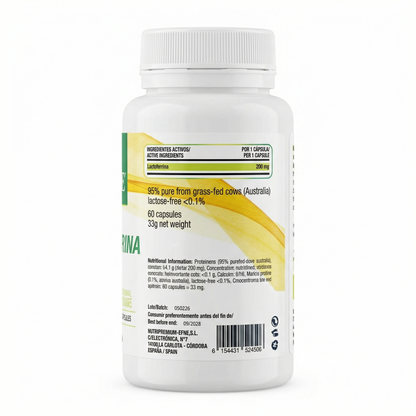 Cápsulas de Lactoferrina pura de alta biodisponibilidad EFNE, fórmula magistral para la absorción de hierro y salud intestinal.