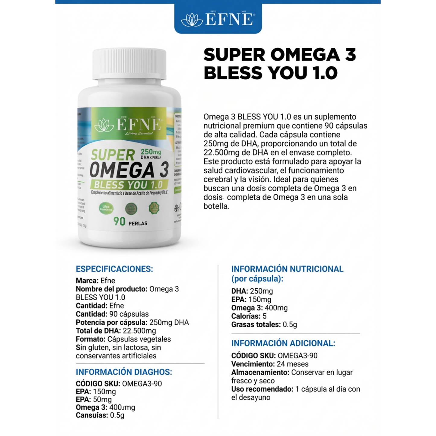 Super Omega 3 EFNE – Alta pureza con Vitamina E 90 Caps