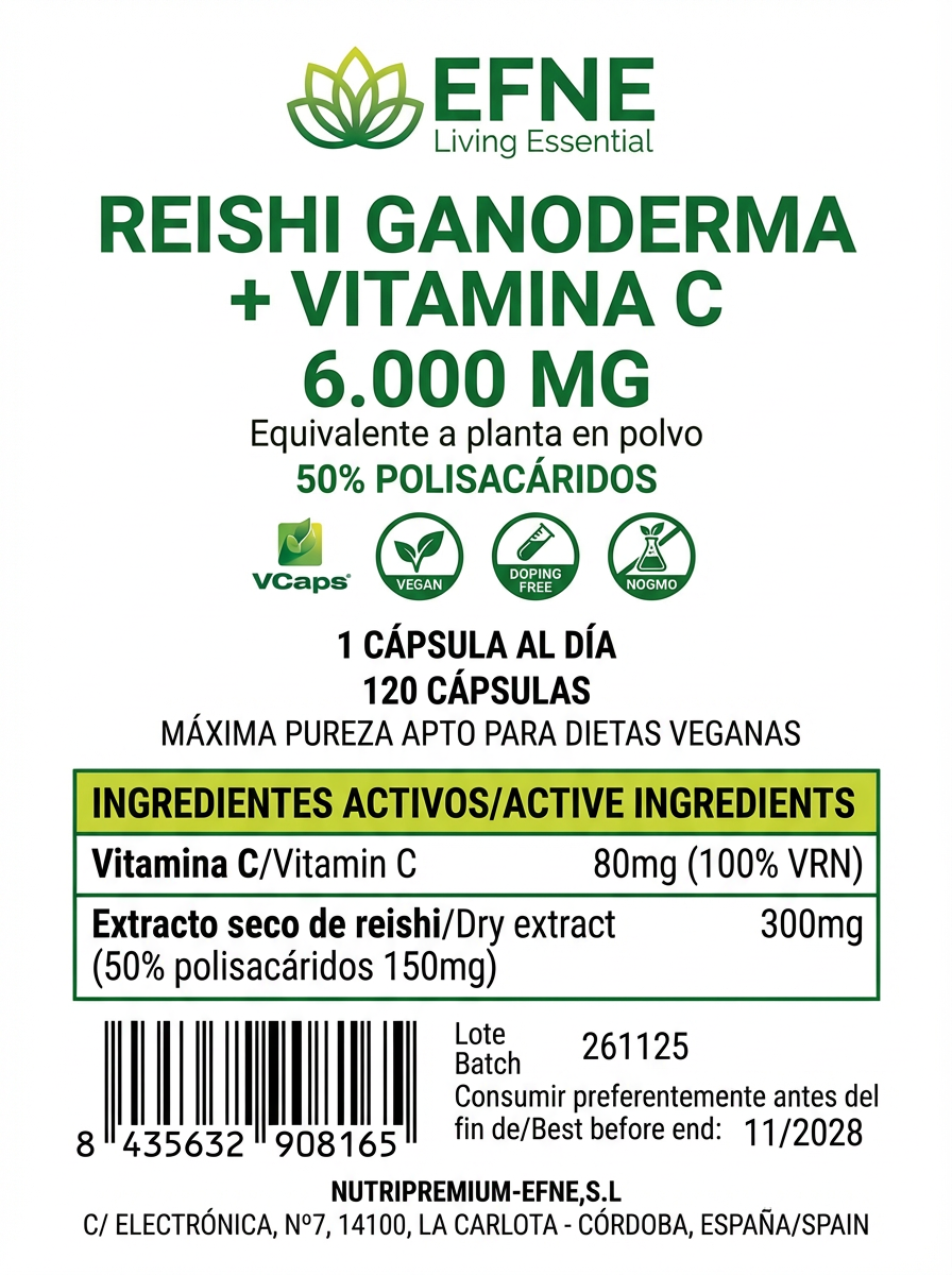Reishi (Ganoderma) + Vitamina C – EFNE (120 cápsulas)