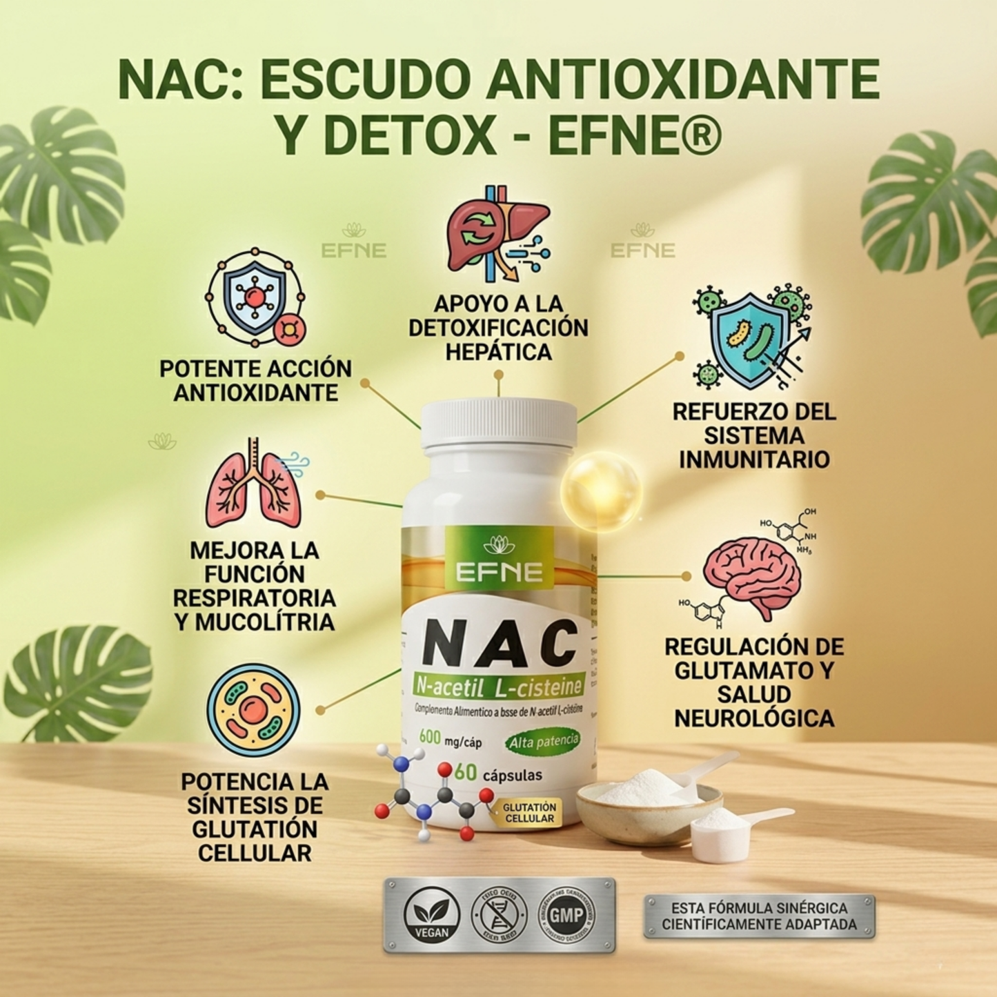 Etiqueta de ingredientes del NAC 600mg EFNE, precursor del glutatión.