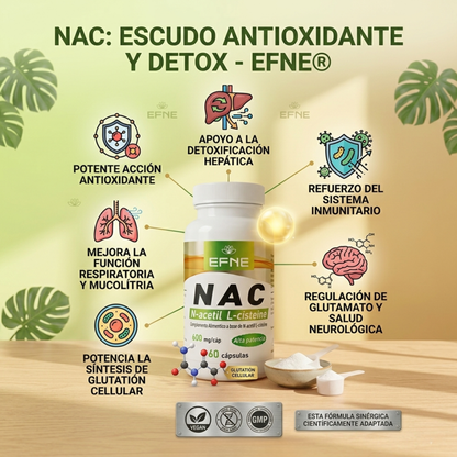 Etiqueta de ingredientes del NAC 600mg EFNE, precursor del glutatión.