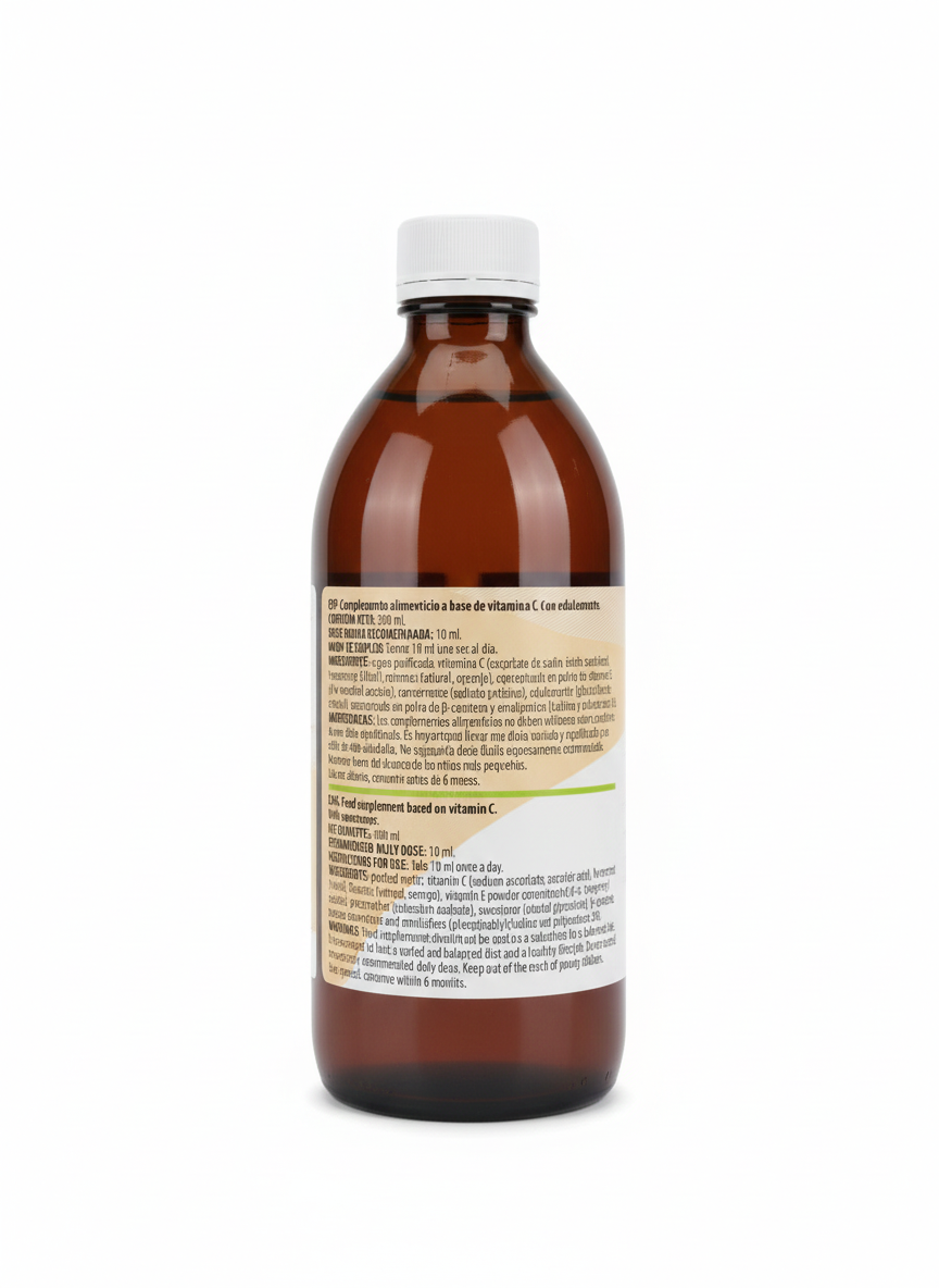 Información nutricional de Vitamina C Liposomal EFNE detallando 1050mg de vitamina C (1250% VRN) por cada dosis de 10ml.