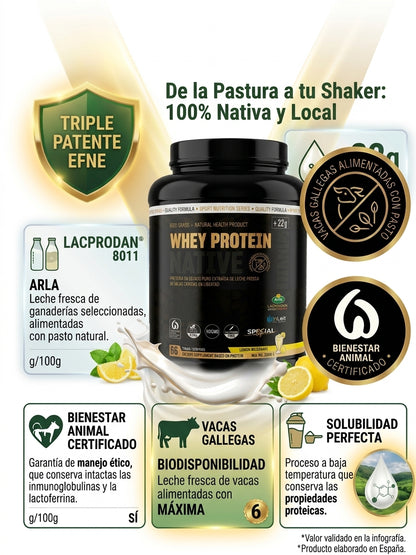 Infografía detallada de la proteína EFNE Whey Protein Native: 100% nativa y local con triple patente, certificaciones de bienestar animal y origen gallego, sabor lemon milkshake, alta biodisponibilidad y solubilidad perfecta.