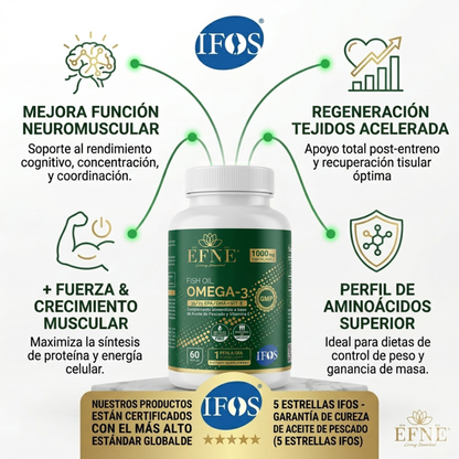 Suplemento Omega-3 EFNE con certificación internacional IFOS 5 estrellas de máxima pureza libre de metales pesados.