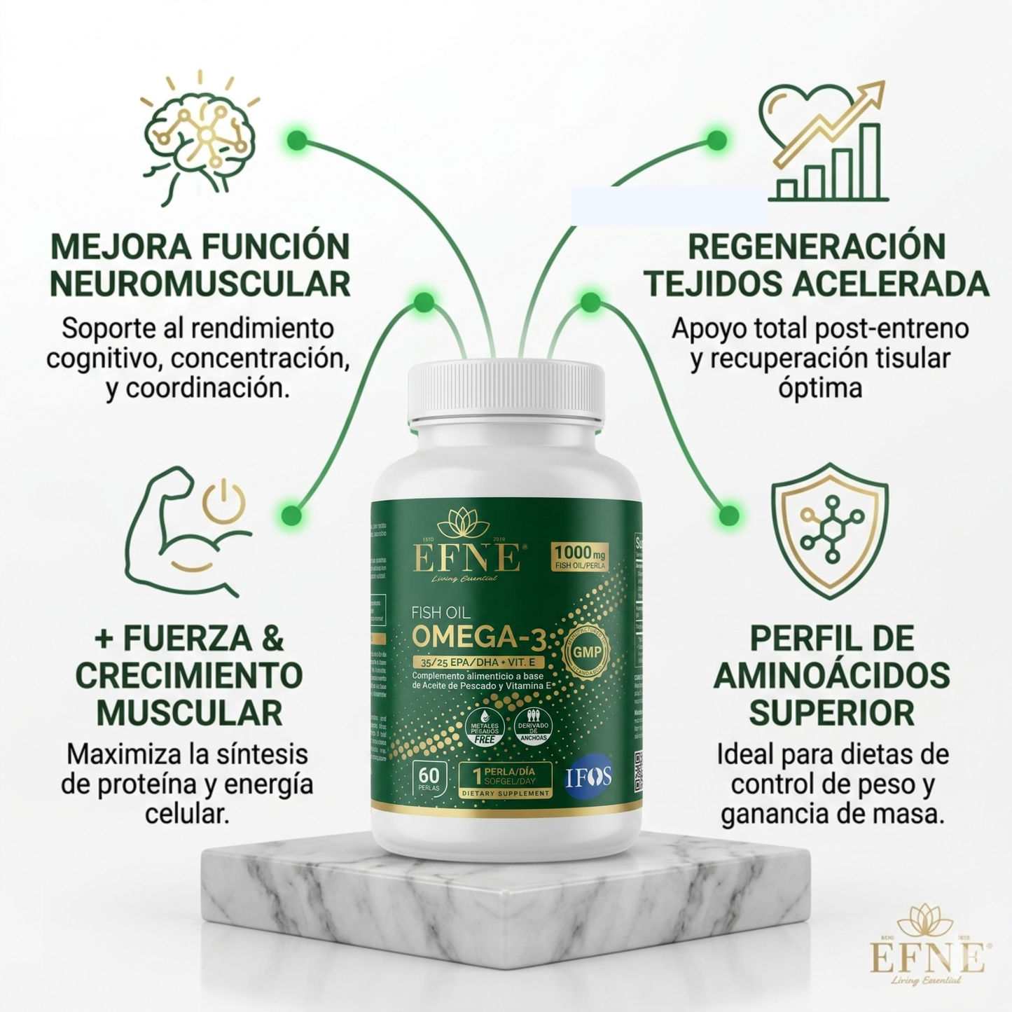 beneficios de Fish Oil Omega-3 EFNE para la función neuromuscular, recuperación muscular y salud cardiovascular.