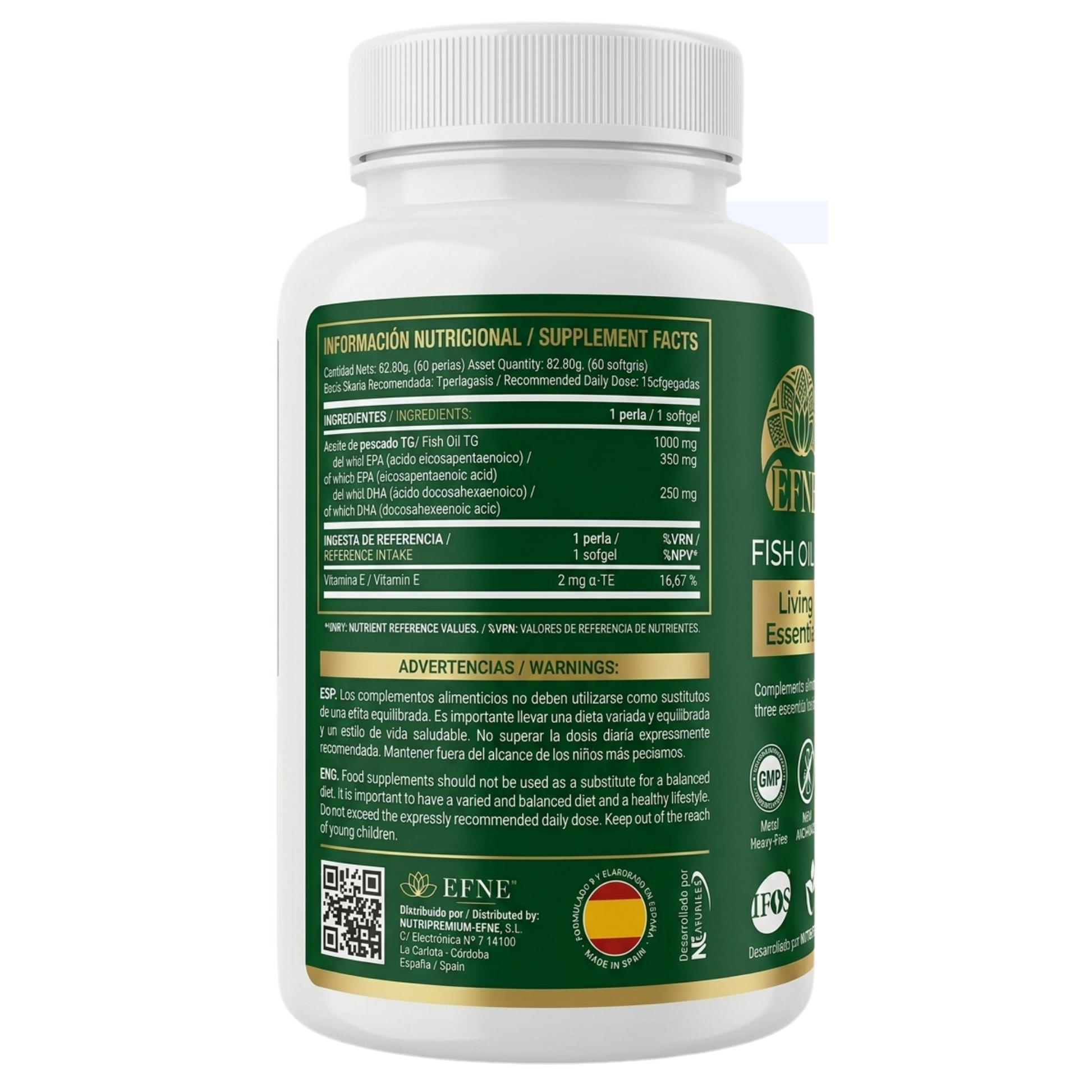 Tabla nutricional e ingredientes del Omega-3 EFNE con 350mg de EPA y 250mg de DHA por perla.