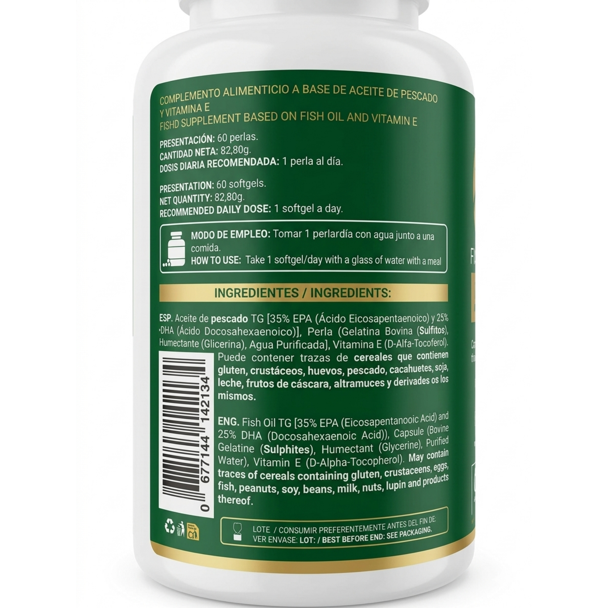 Modo de empleo, advertencias y alérgenos del suplemento de aceite de pescado Omega-3 EFNE.