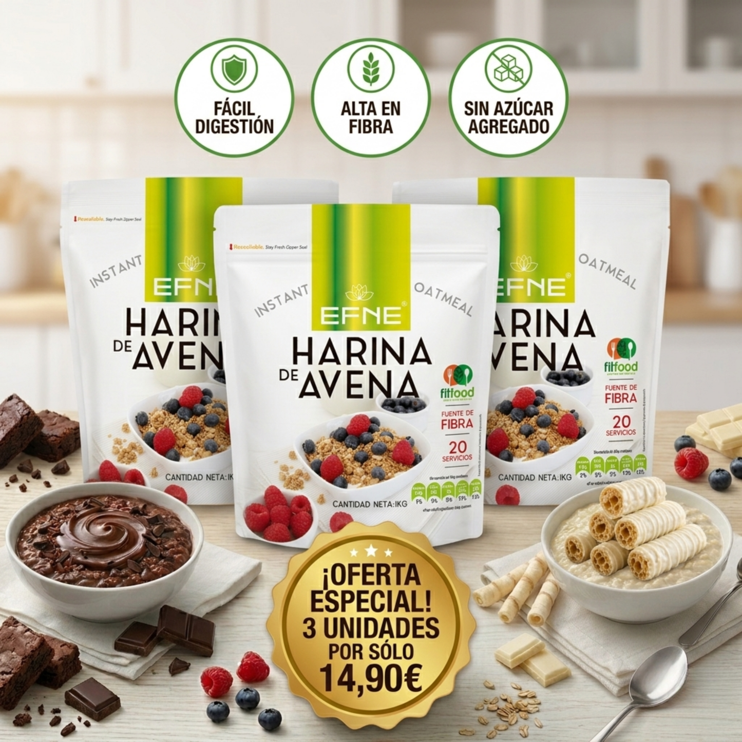 Pack 3 harinas avena EFNE oferta 14,90 euros sabores chocolate