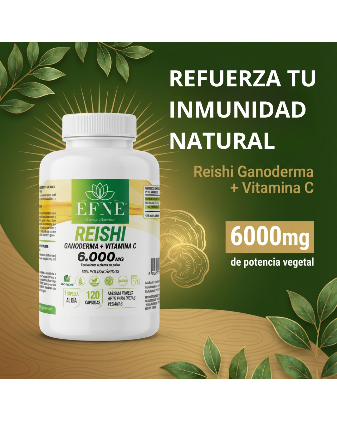 Reishi Ganoderma 6.000mg + Vitamina C: Refuerza Inmunidad y Controla el Estrés
