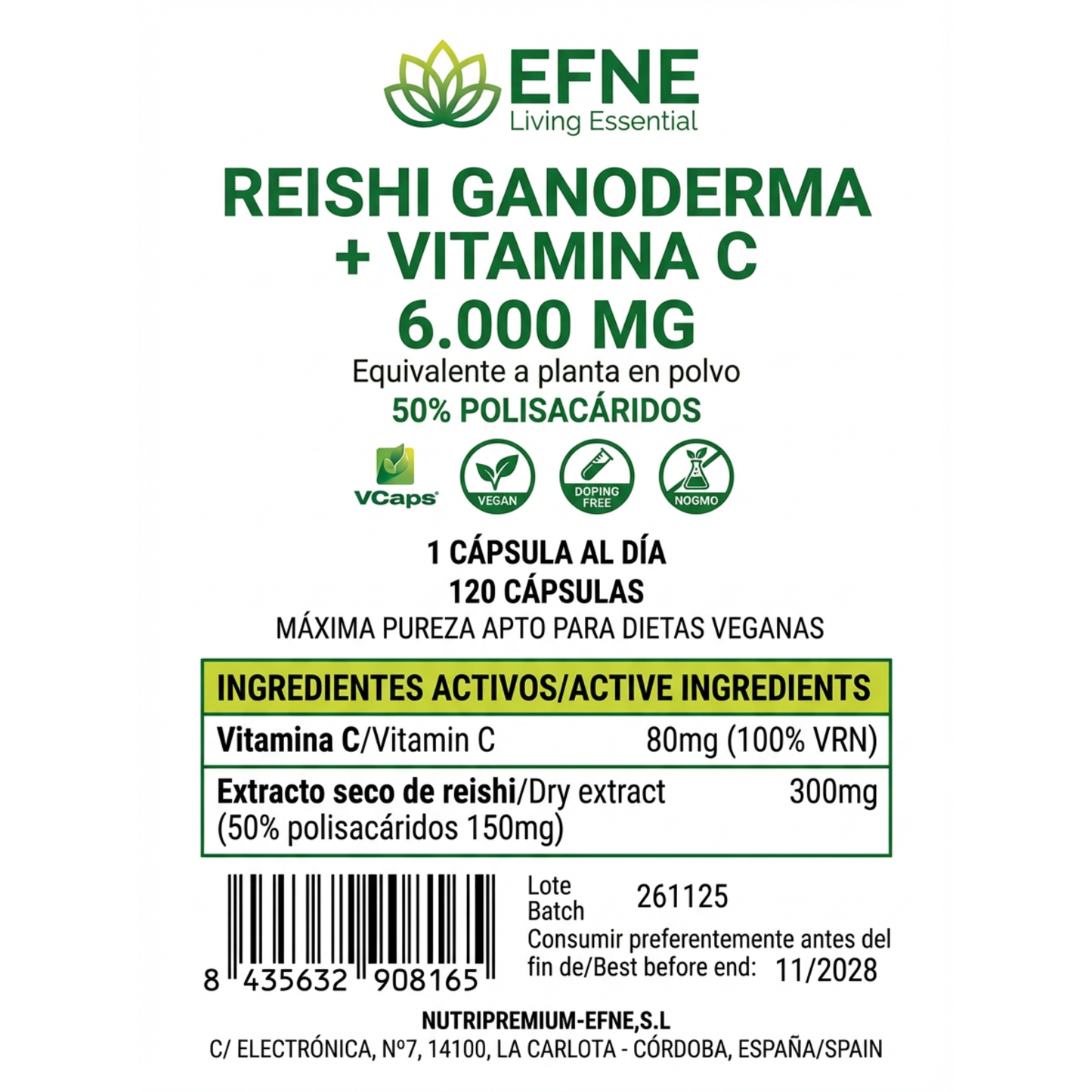 Bote de suplemento Reishi Ganoderma 6000mg con Vitamina C de EFNE, 120 cápsulas para reforzar la inmunidad.