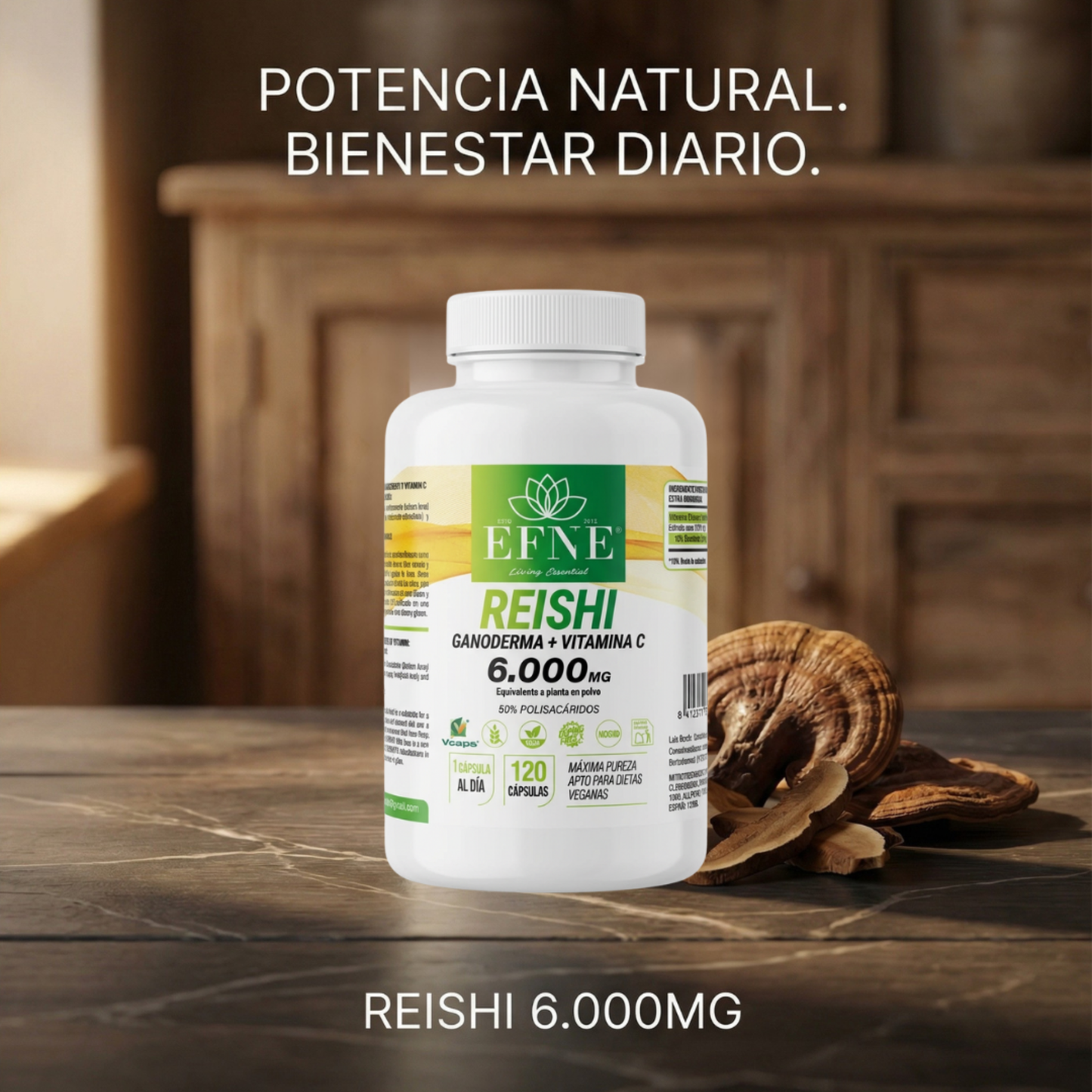 Bote de suplemento Reishi Ganoderma 6000mg con Vitamina C de EFNE, 120 cápsulas para reforzar la inmunidad.