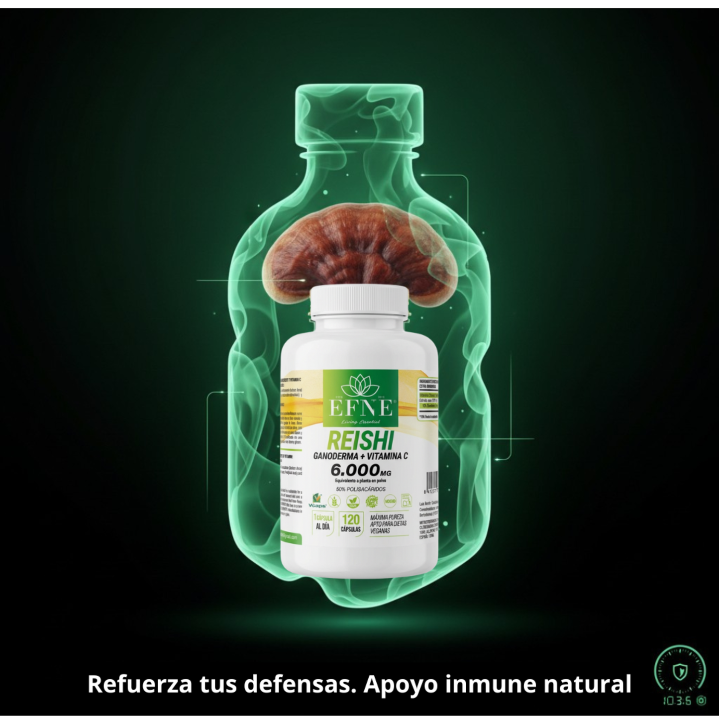 Bote de suplemento Reishi Ganoderma 6000mg con Vitamina C de EFNE, 120 cápsulas para reforzar la inmunidad.
