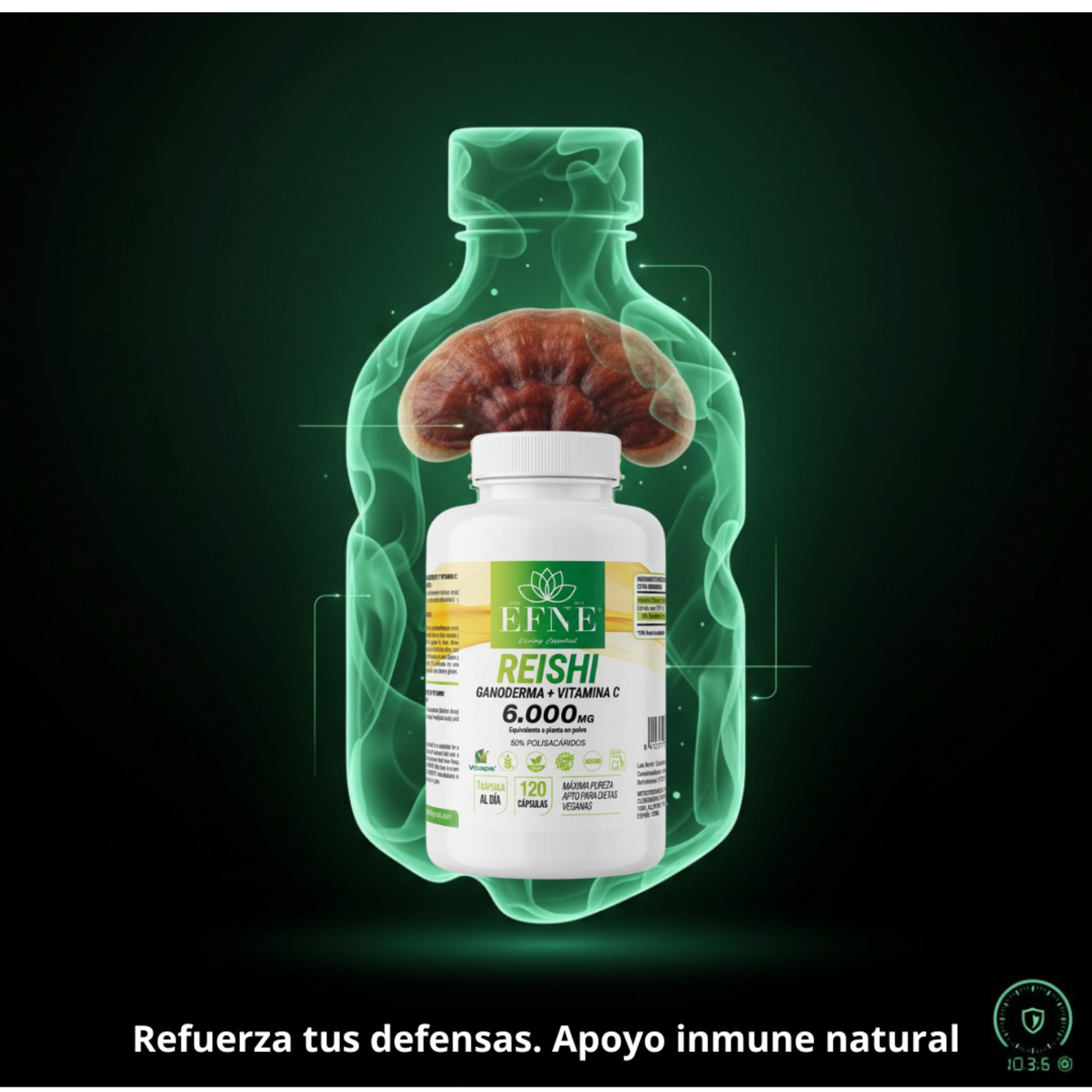 Bote de suplemento Reishi Ganoderma 6000mg con Vitamina C de EFNE, 120 cápsulas para reforzar la inmunidad.