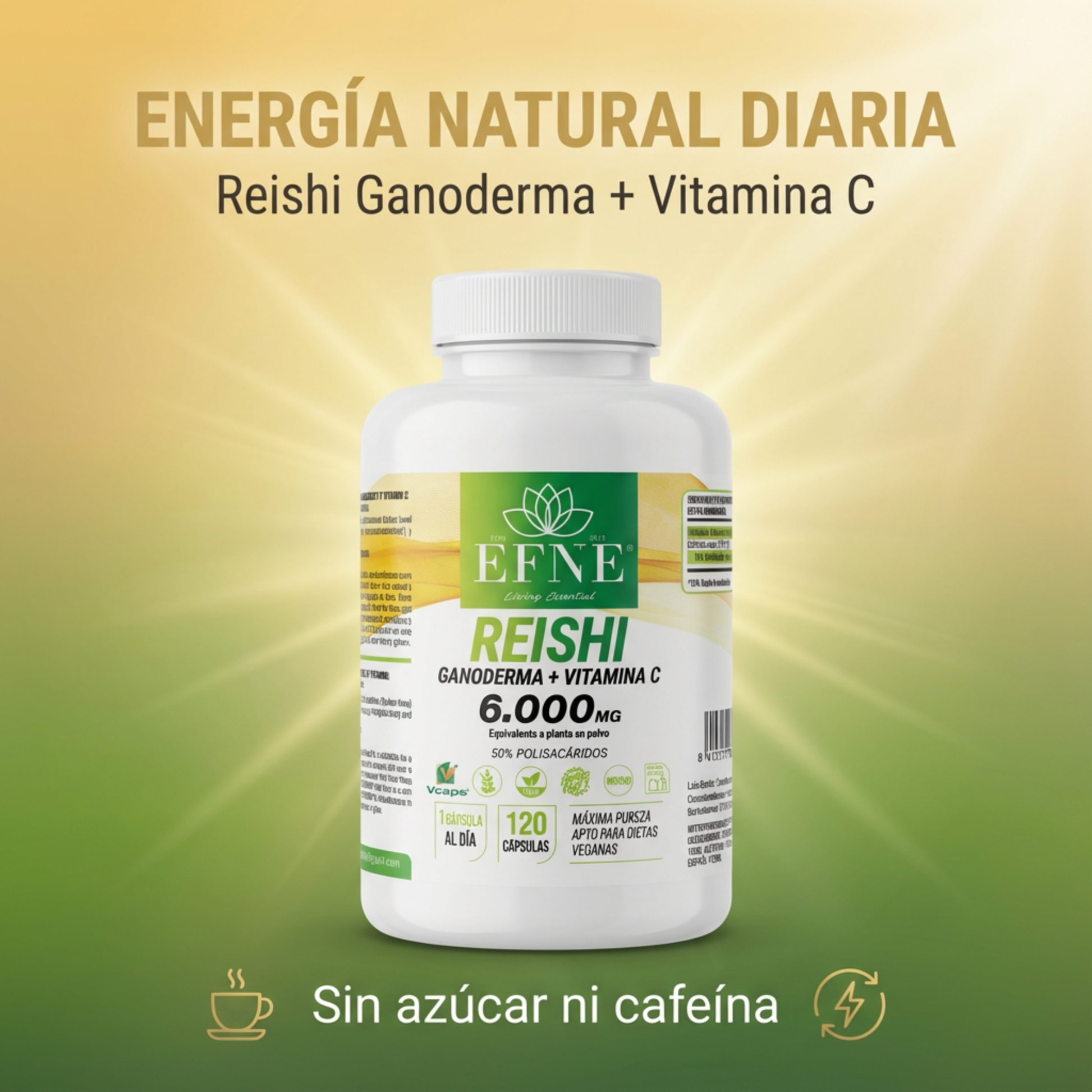 Bote de suplemento Reishi Ganoderma 6000mg con Vitamina C de EFNE, 120 cápsulas para reforzar la inmunidad.