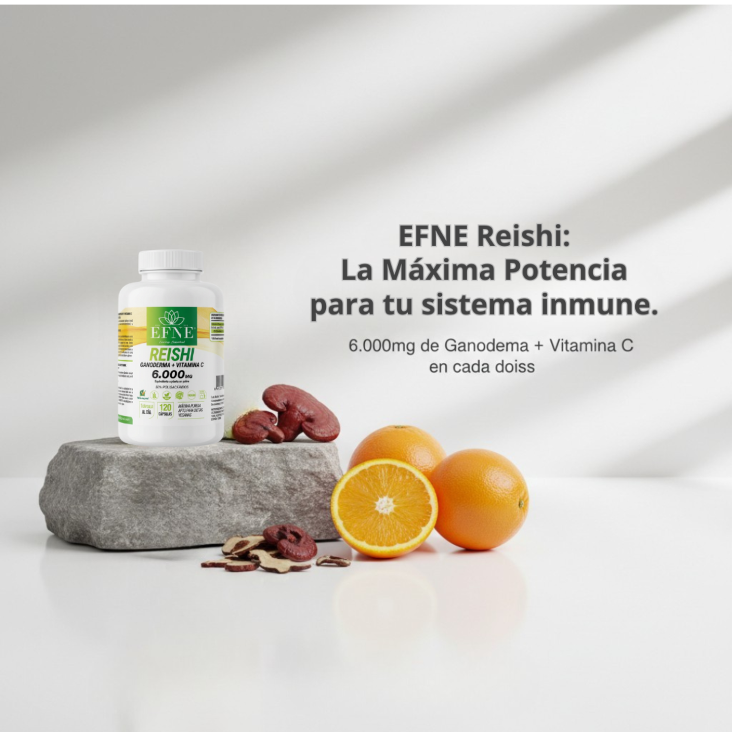 Bote de suplemento Reishi Ganoderma 6000mg con Vitamina C de EFNE, 120 cápsulas para reforzar la inmunidad.