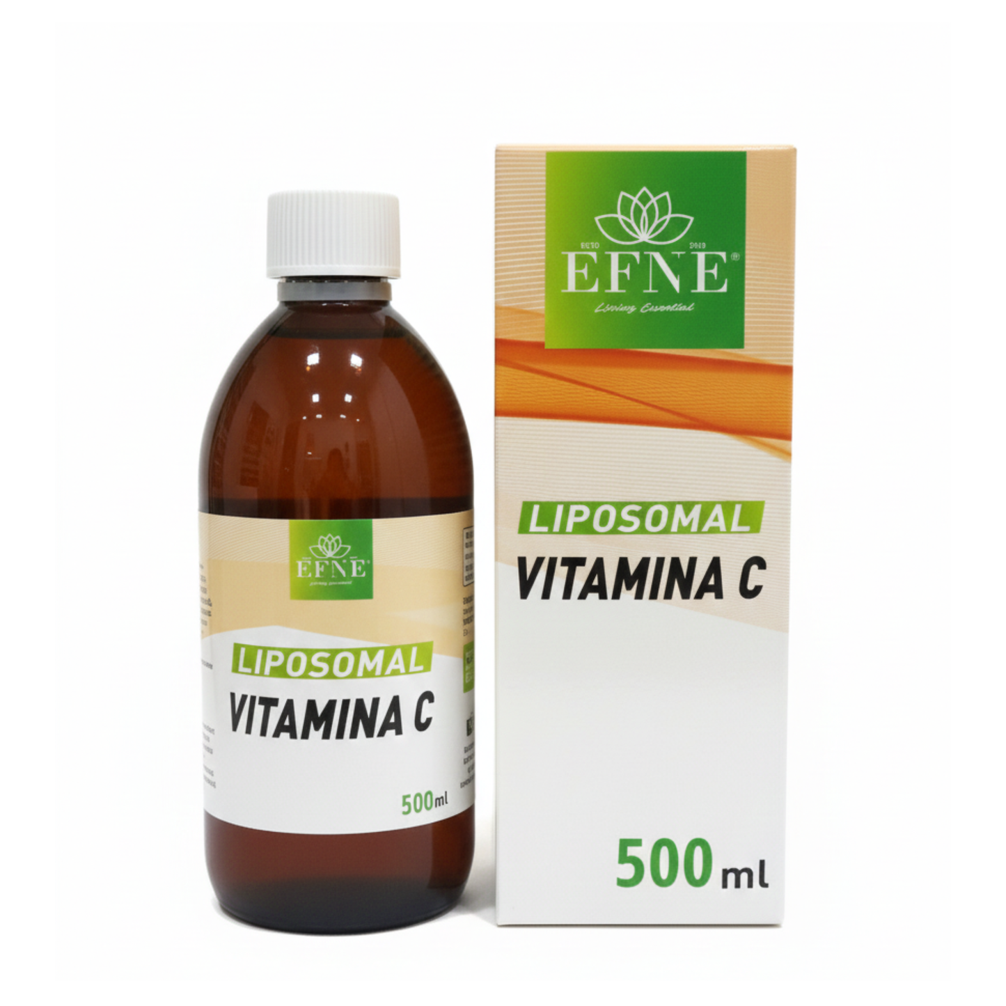 Botella y caja de Vitamina C Liposomal EFNE de 500ml, fórmula de alta absorción desarrollada por oncólogos para inmunidad.