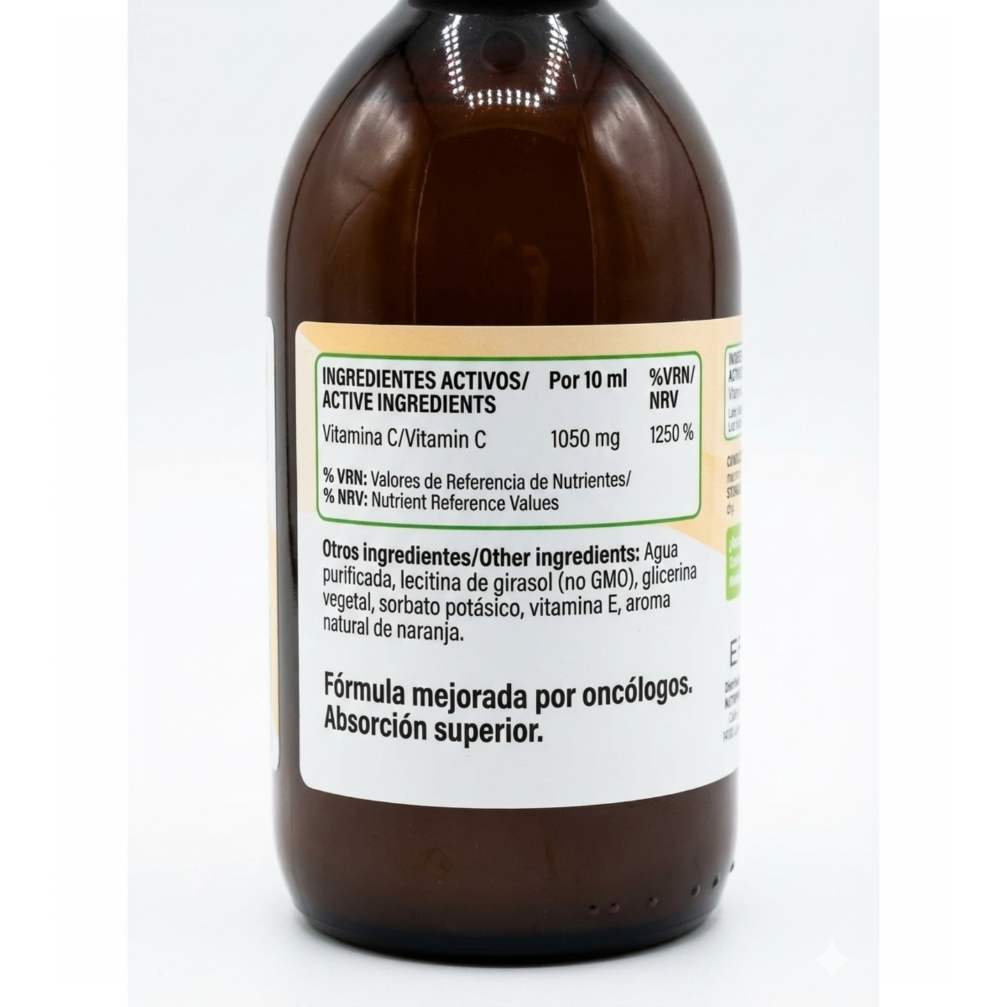 Lista de ingredientes del suplemento EFNE: Vitamina C liposomada con vitamina E, betacarotenos y aroma natural de naranja