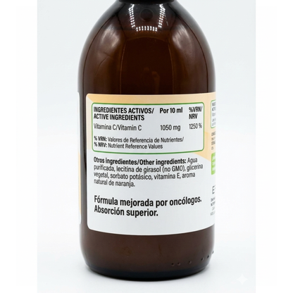 Lista de ingredientes del suplemento EFNE: Vitamina C liposomada con vitamina E, betacarotenos y aroma natural de naranja
