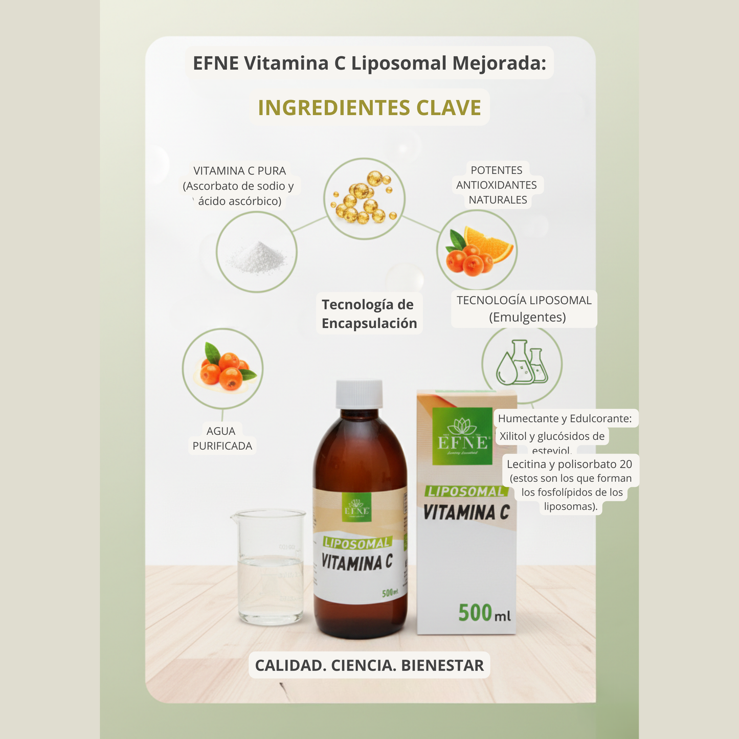 Detalle de modo de empleo de la Vitamina C Liposomal EFNE: dosis diaria recomendada de 10ml para máxima biodisponibilidad