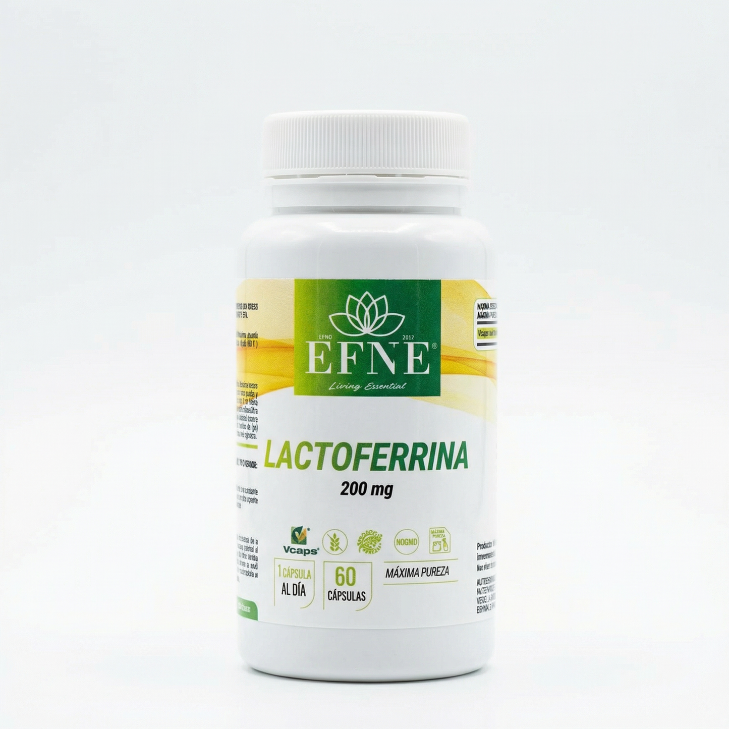 Suplemento de Lactoferrina 200 mg de EFNE en bote de 60 cápsulas para refuerzo del sistema inmunitario y protección celular.