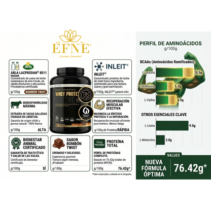 Infografía del bote EFNE Whey Protein Native sabor Bombón Twist de 2kg con Triple Patente (Arla, RENYLAC, InLeit), sellos de Vacas Gallegas y Bienestar Animal, e información sobre el perfil de aminoácidos