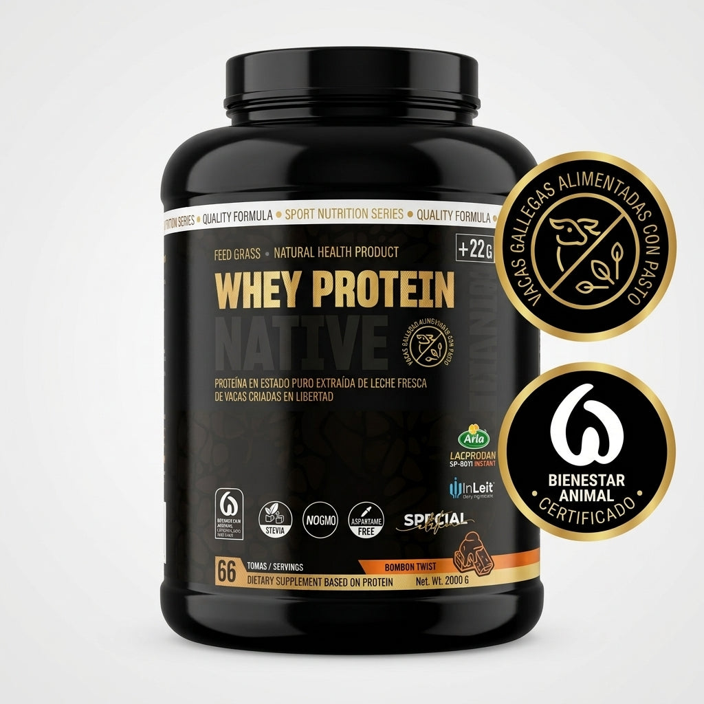 Bote de proteína EFNE Whey Protein Native sabor Bombón Twist de 2kg, con certificados de Bienestar Animal y Vacas Gallegas alimentadas con pasto