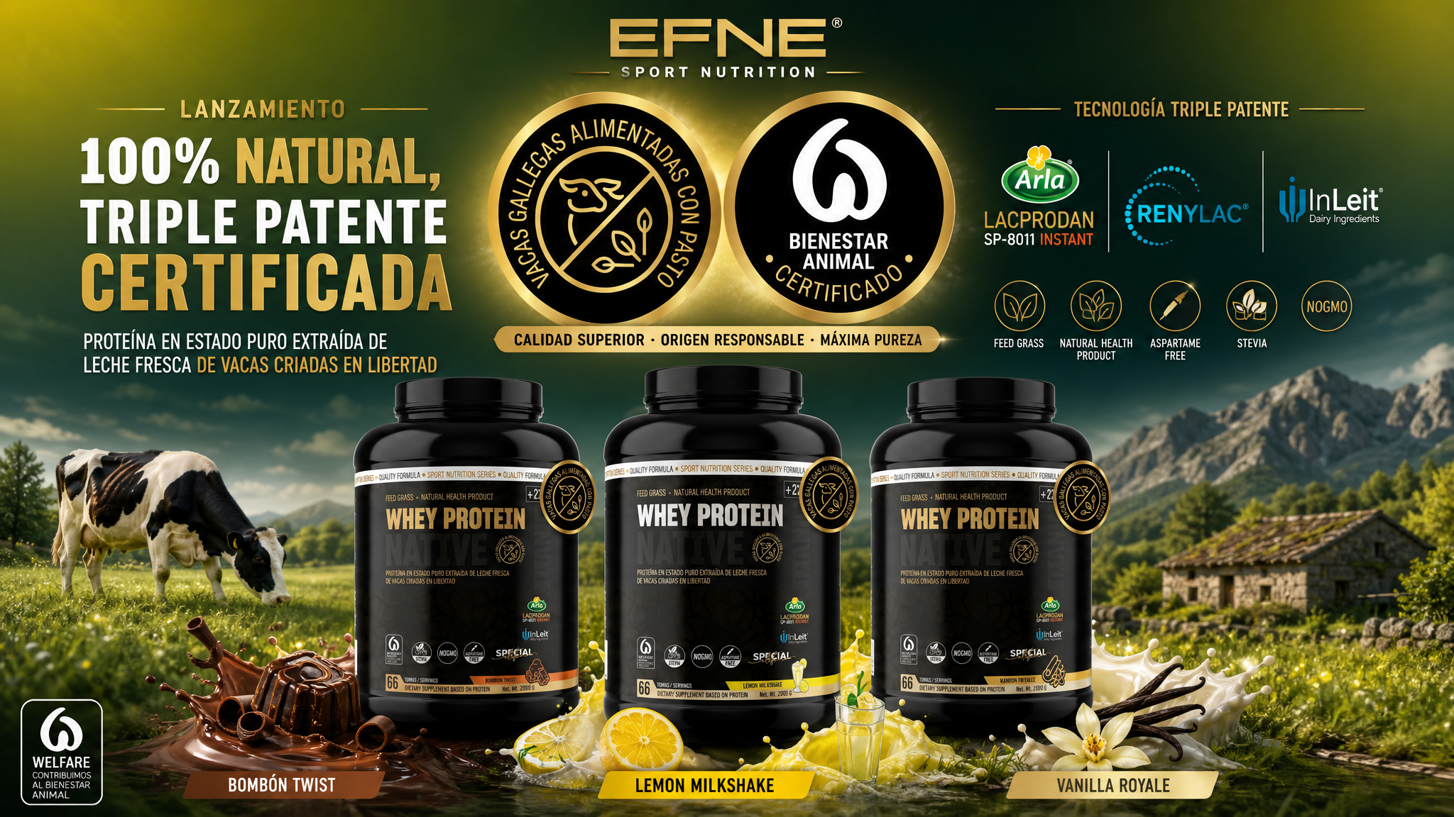 Banner de proteína nativa EFNE Whey Protein Native Vanilla Royale 2kg, con Triple Patente y certificado Vacas Gallegas.