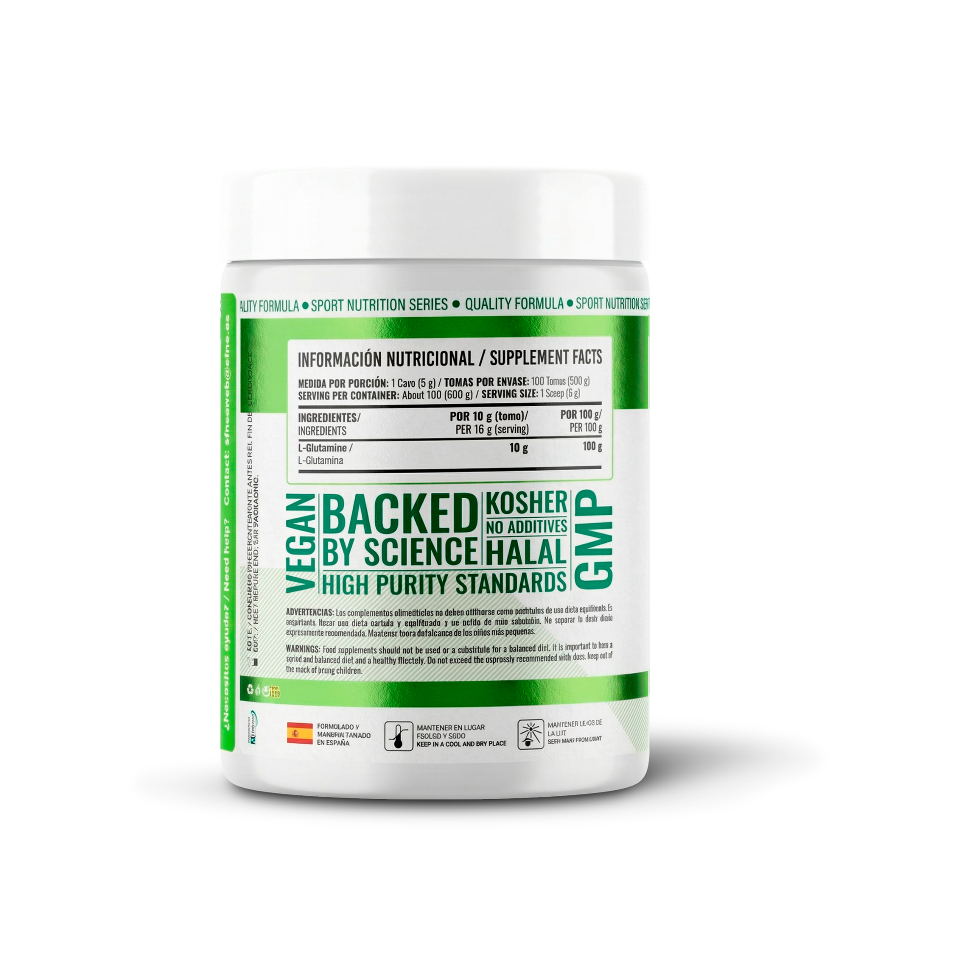 Suplemento de L-Glutamina 100% de origen vegetal y vegan friendly con garantía de pureza máxima para nutrición de precisión.