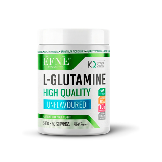 Bote de L-Glutamina High Quality EFNE de 500g, aminoácido neutro sin sabor con certificación Kyowa Quality para deportistas.
